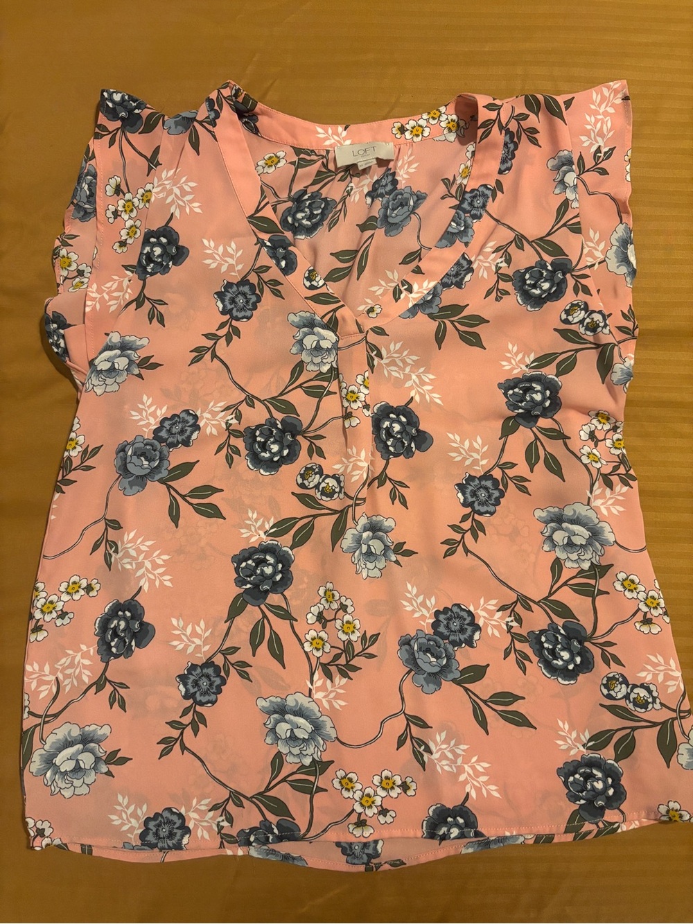LOFT Coral Pink Floral V-Neck Flutter Sleeve Blouse